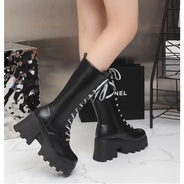 Spicy girl style front lace up knee high boots  autumn and winter new 9cm high thick heel sloping boots (Color : Black shoelaces  Size : 40)｜good-face｜09