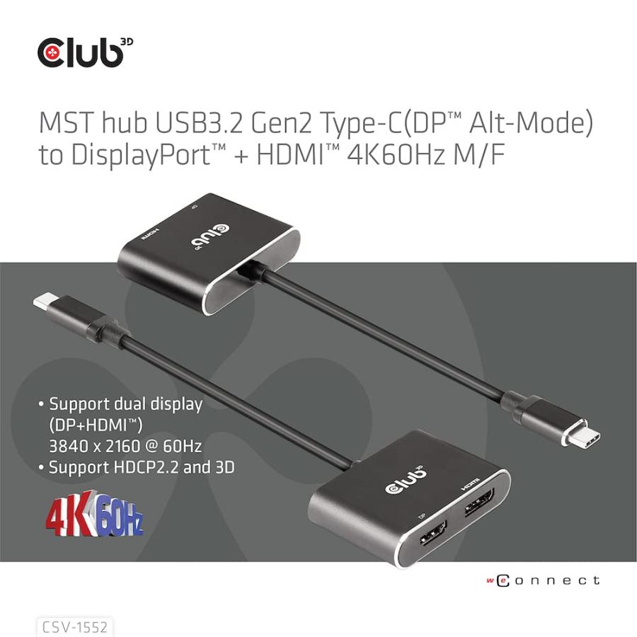 Club 3D MST ハブ USB3.2 Gen2 Type-C (DP Alt-Mode) to DisplayPort + 