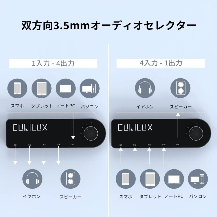 Cubilux 4ウェイ双方向3.5mmオーディオスイッチャー、4ポート Cubilux 4ウェイ双方向3.5mmオーディオスイッチャー、4ポート