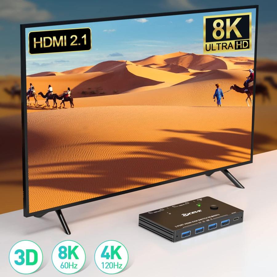 KCEVE HDMI KVM切替器 2入力1出力 8K@60Hz/4K@120HZ USB3.0 PC2 KCEVE HDMI KVM切替器 2入力1出力 8K@60Hz/4K@120HZ USB3.0 PC2