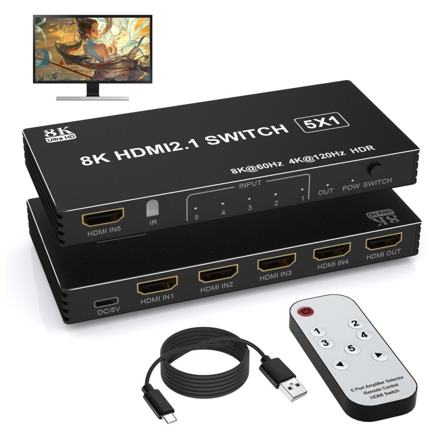 8K HDMI 切り替え器 5入力1出力 8K@60Hz/4K@120Hz HDMIセレクター HDMI切替器 - リモコン付き48Gbps HDMI の商品画像