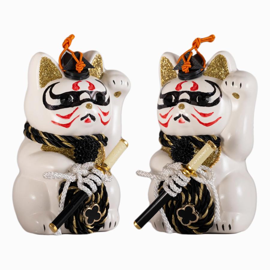 ご縁猫 歌舞伎 暫(S-SIZE 白 White）左手あげ/陶器＿lucky cat