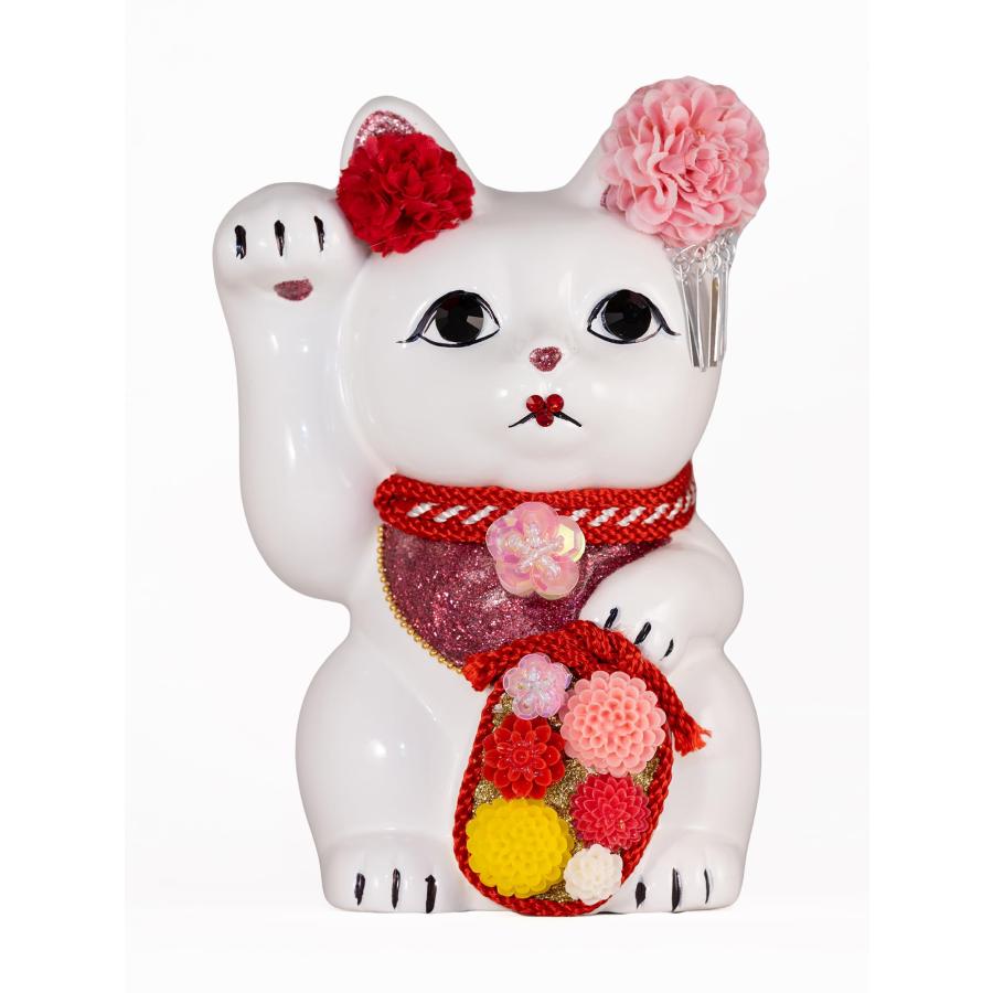 ご縁猫 舞子はん(M-SIZE 白 White）右手あげ/陶器＿lucky cat 招き猫