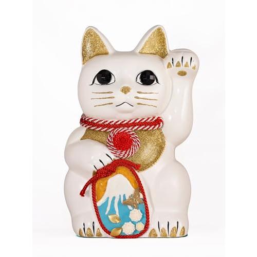 ご縁猫 富士山(L-SIZE 白 White）左手あげ/陶器＿lucky cat 招き猫