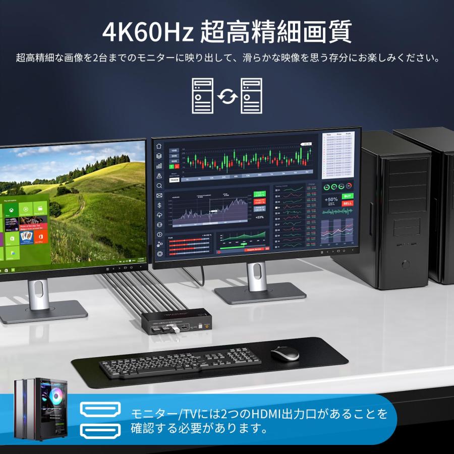 4K 60Hz USB3.0 HDMI KVM 切替器 デュアル モニター 2PC 共有 4K 60Hz USB3.0 HDMI KVM 切替器 デュアル モニター 2PC 共有