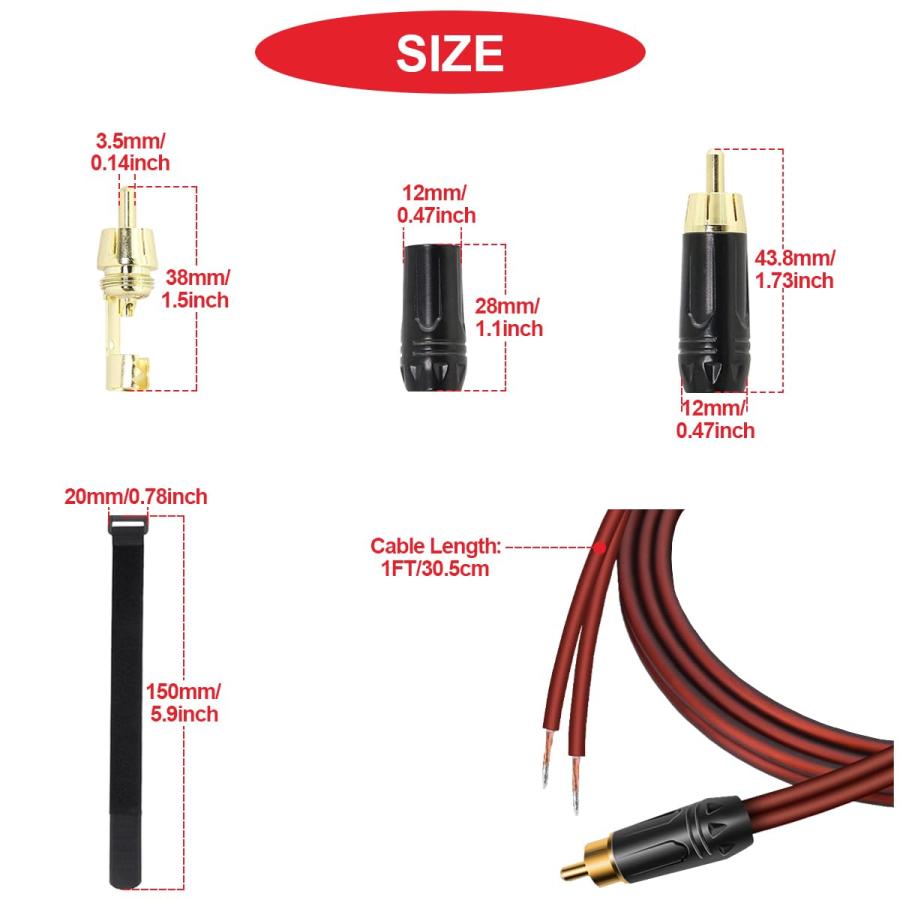 MKBKLLJY 2本 RCA - 裸線スピーカーケーブル 1フィート 16AWG