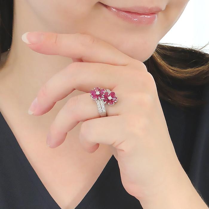 Pt900 フラワーモチーフ ルビー ダイヤモンド リング 送料無料 指輪