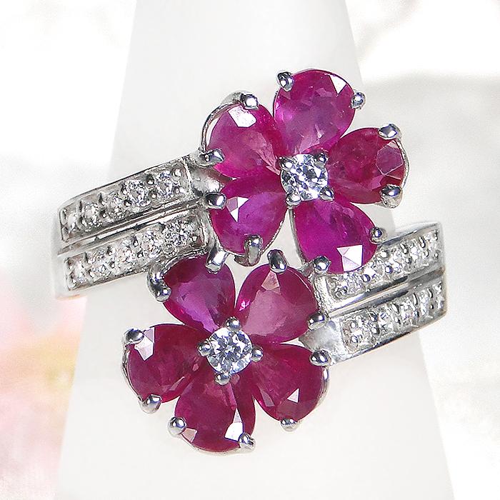 Pt900 フラワーモチーフ ルビー ダイヤモンド リング 送料無料 指輪