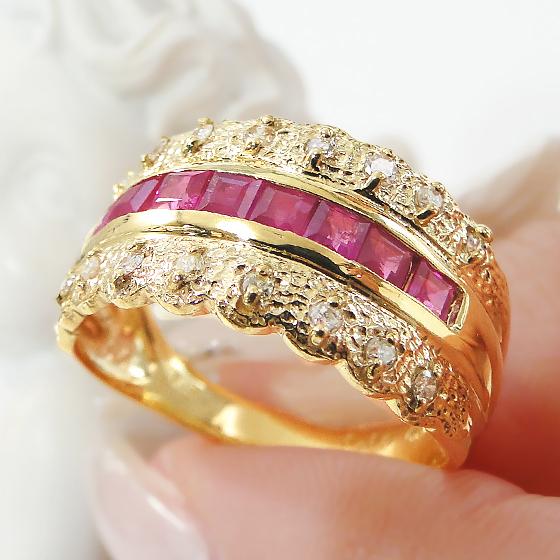 4℃ K18 ダイヤモンド デザイン リング クロスモチーフ ルビー PG K18PG