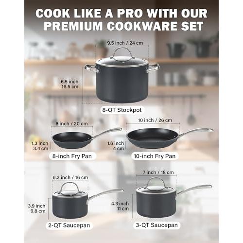 Cooks 標準キッチン調理器具セット ノンスティック硬質アルマイト鍋とフライパンセット ソースパン ストックポット 蓋付きフライパン  並行輸入｜good-quality｜02