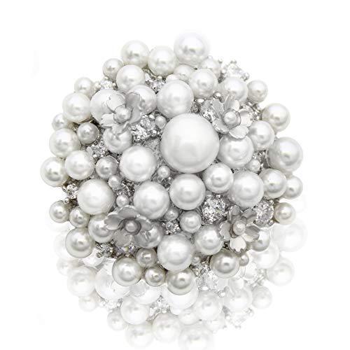 レディース エレガント 美しい パール シルバー フラワー クリスタル ファッションジュエリー ブローチピン 結婚式 花嫁向け ホワイト 並行輸入