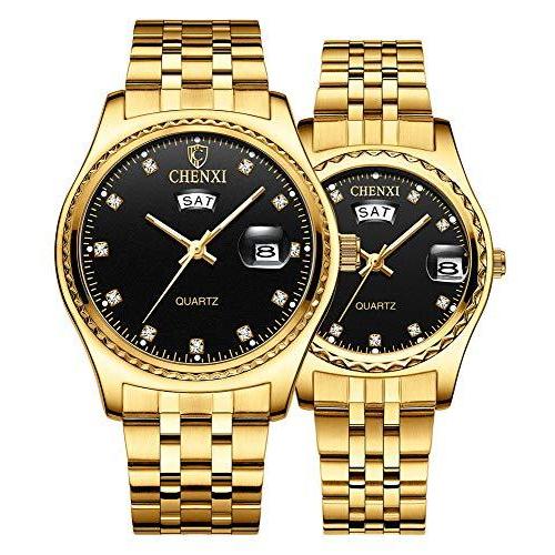 カップルウォッチ ドレス腕時計 ゴールデンウォッチ メンズ レディース ステンレススチール 防水 クォーツウォッチ 8201 ブラック 並行輸入