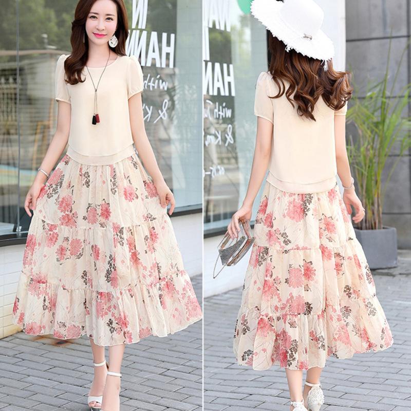 セットアップ レディース 40代 ワンピース風 夏 半袖 シフォン 2点セット 花柄 ロング丈 スカート 薄手 Aライン 体型カバー 着やせ エレガント カジュアル 98 以上節約
