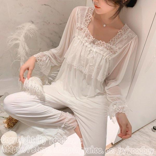 パジャマ ルームウェア レディース 春夏 長袖パジャマ 可愛い 白レース ロングパンツ 薄手 レション ルームウェア上下セット 女性 部屋着 寝巻き 大人 オシャレ 新着