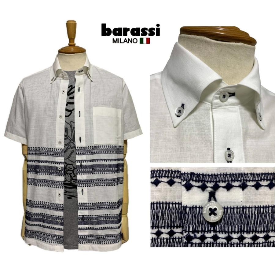 barassi バラシ 清涼 綿麻 エスニック 刺繍 半袖ボタンダウンシャツ 白 