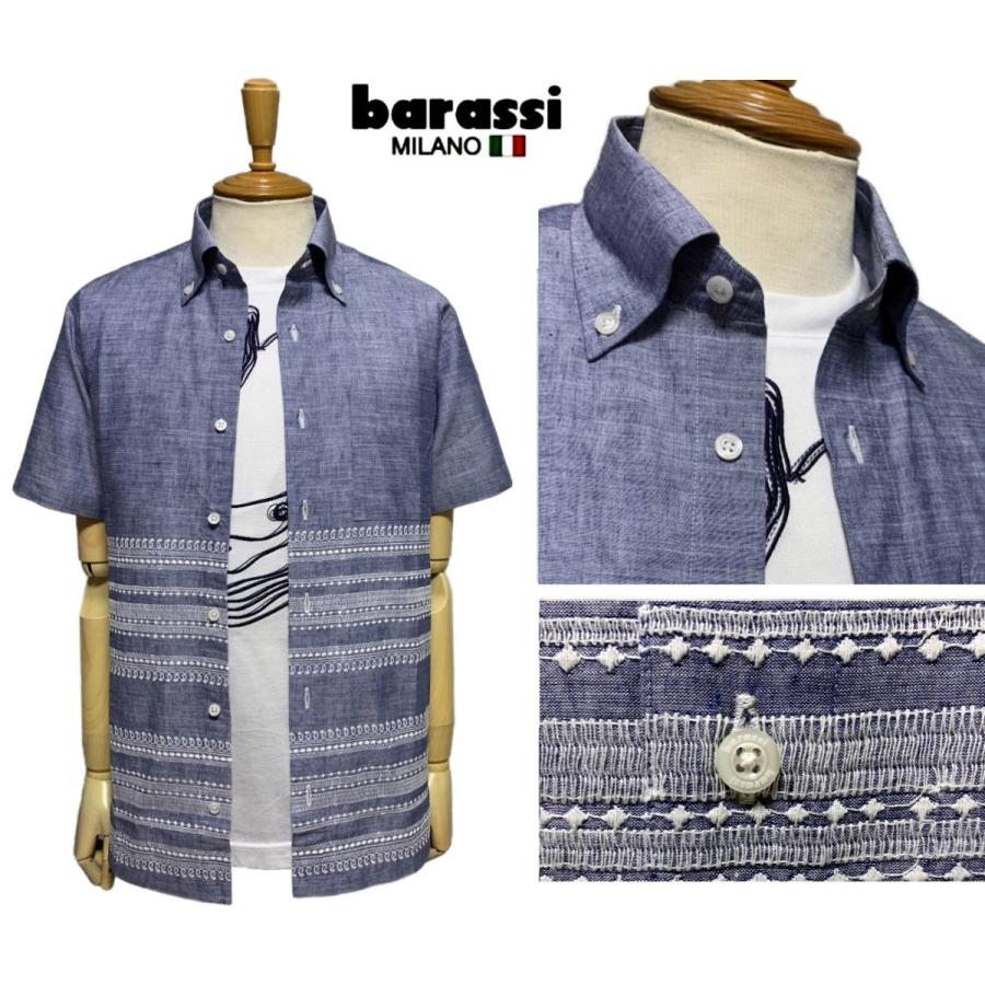 barassi バラシ 清涼 綿麻 エスニック 刺繍 半袖ボタンダウンシャツ ブルーグレー :barassi1250-1503-53col
