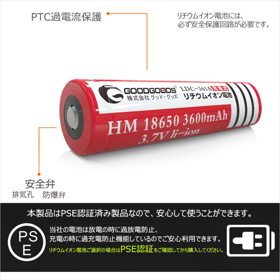 GOODGOODS  電池 4本 18650 リチウムイオン バッテリー 18650充電池 懐中電灯 ランタン 充電式 過充電保護 懐中電灯用 ゲーム機 家電 コントローラー LDC-361A｜goodgoods-1｜06