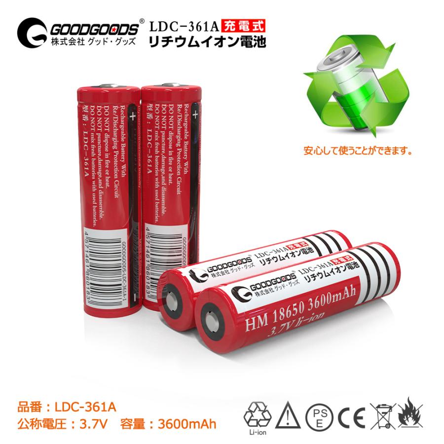 GOODGOODS 2本セット 18650充電池 3600mAh×2 リチウムイオンバッテリー 充電式投光器 懐中電灯 ヘッドライト 充電式 過充電保護 収納ケース付き LDC-362A｜goodgoods-1｜11