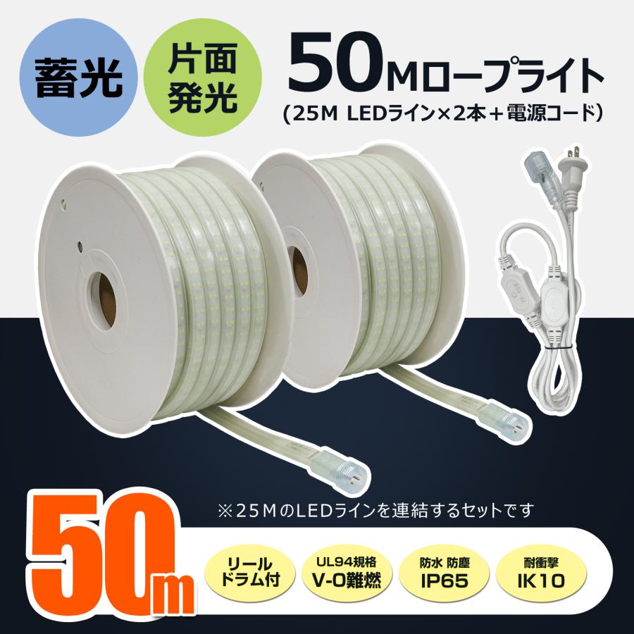 50m LEDロープライト 投光器 LED 片面発光 300W 22500LM 100V 電源コード 防水 IP65 耐衝撃 IK10 建築現場 トンネル作業 作業灯 道路工事 一年保証 CB-2S25M-95V | GOODGOODS