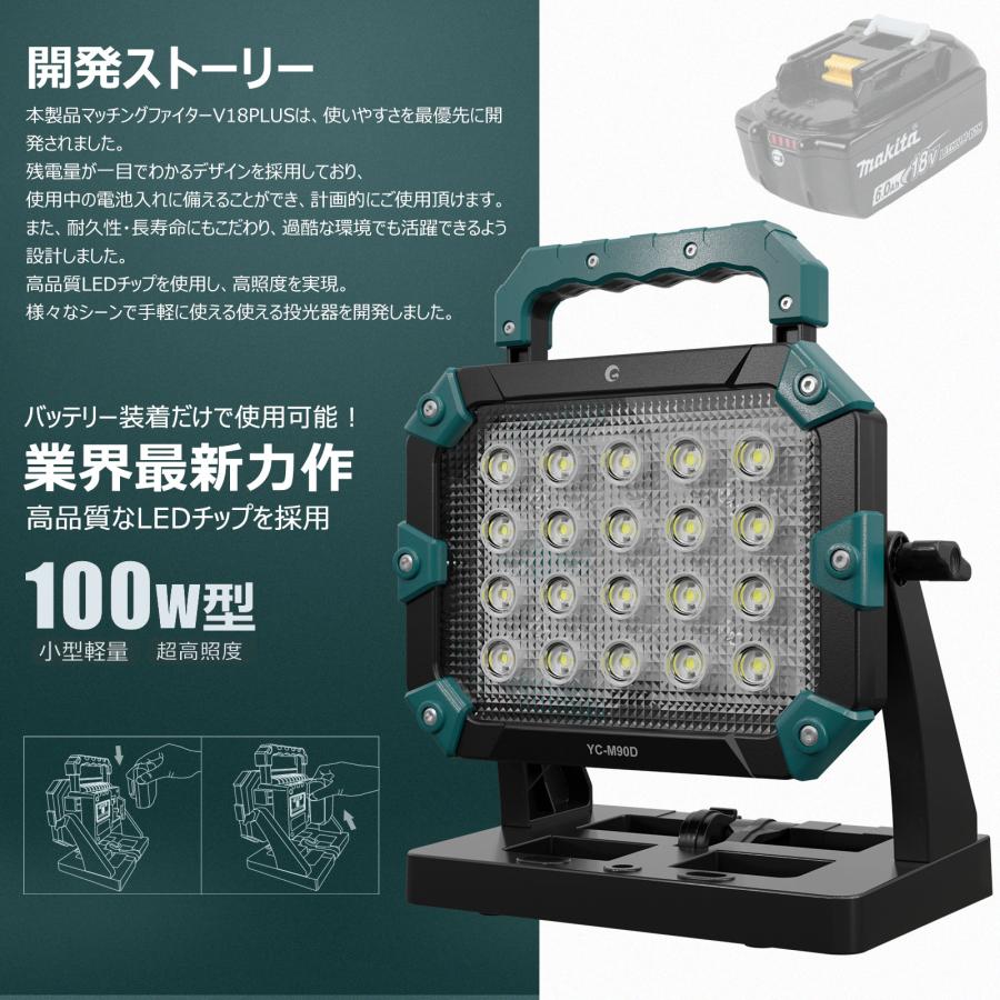 【セット】 LED投光器 三脚スタンド 100W 10000lm 18Vバッテリー マキタ社バッテリー対応 バッテリー交換 爆光 携帯型 現場工事 一年保証 YC-M90D JD-002Aの画像