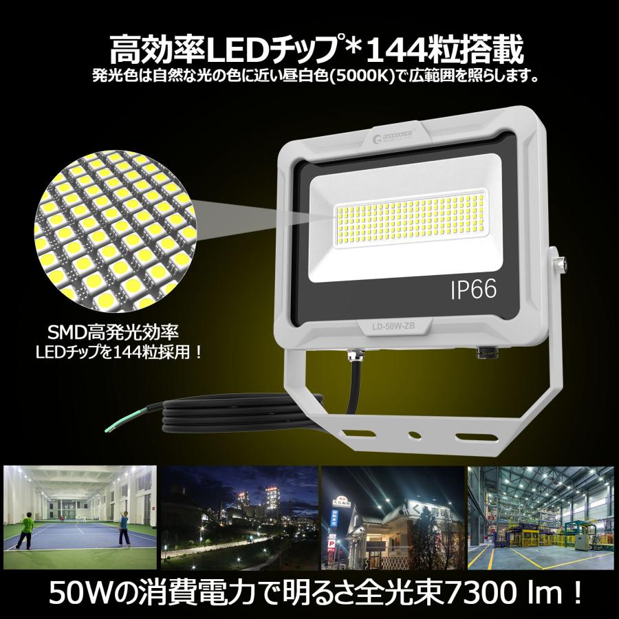 セール 50W LED投光器 7300lm 高輝度 極薄 昼白色 電球色 LEDライト ワークライト 工事用照明 屋外 防水 倉庫 スポットライト ガレージ 庭 夜間作業 LD50W｜goodgoods-1｜05