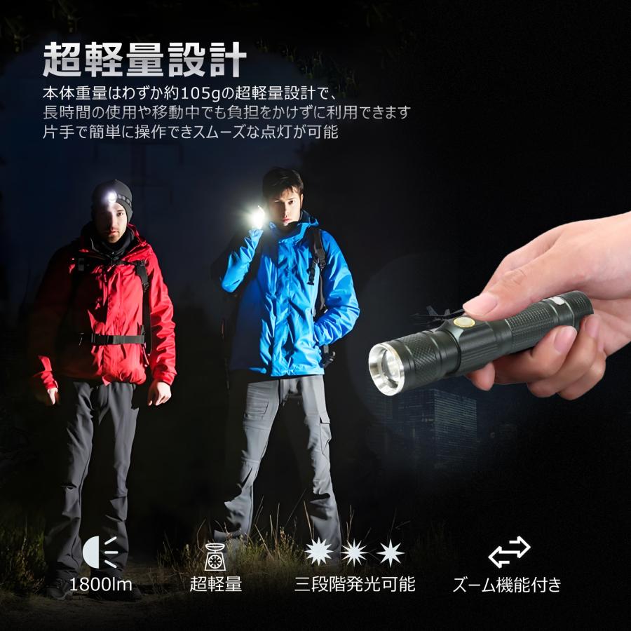 セール LEDライト 充電式 LED懐中電灯 ハンドライト 小型 コンパクト 1800LM ズーム 明るい 散歩 登山 軽量 防犯 防災 アウトドア 夜釣り 一年保証 N-ED25-S｜goodgoods-1｜09