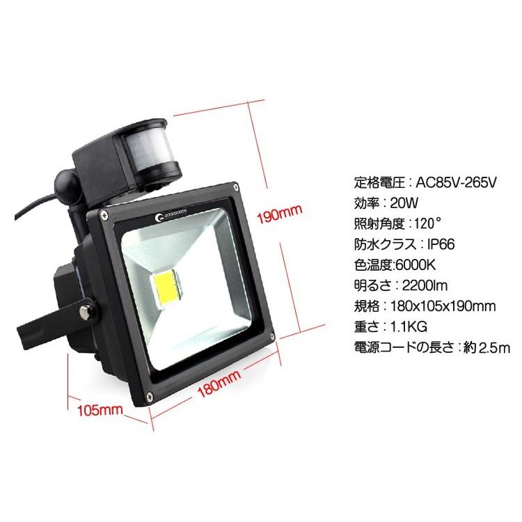GOODGOODS（グッド・グッズ） LED投光器 20W 人感センサー付 自動点灯