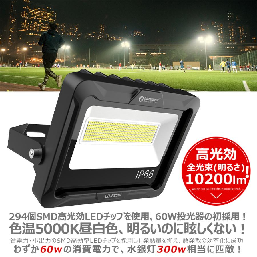 セール 投光器 LED 屋外 防水 60W 10200lm 超爆光 電球色 昼白色 新仕様 通気弁 結露防止 作業灯 スポットライト 工場 倉庫 外灯 夜間作業 一年保証 LD-F60W｜goodgoods-1｜05