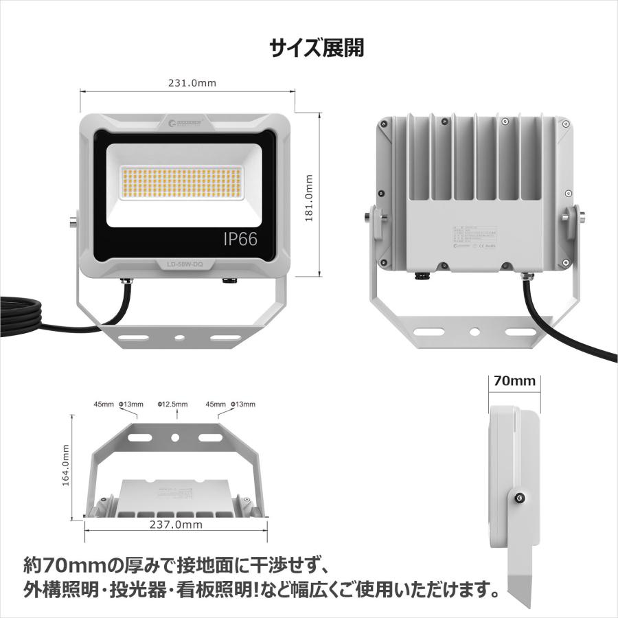 セール 50W LED作業灯 屋外 防水 超爆光 水銀灯500W相当 7300lm 昼白色 電球色 広角120° 極薄 ワークライト 建設 建築 夜間作業 スポットライト 一年保証 LD50W｜goodgoods-1｜15