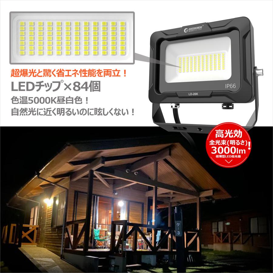 セット LED投光器 クリップ 屋外 防水 20W 強力 屋外 作業灯 5000K 3000lm 高輝度 昼白色 IP66 広角 照射角度120° 新仕様 取付やすい LD-26K JD-001H｜goodgoods-1｜12