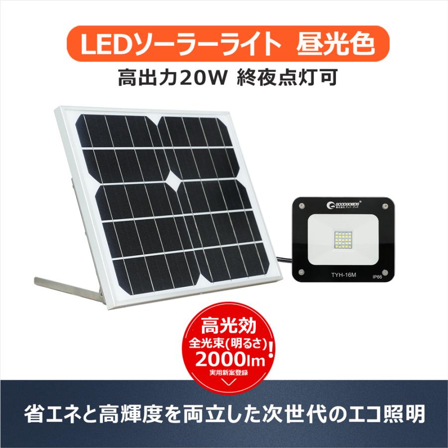 GOODGOODS LED投光器 20W 屋外 ソーラーライト 明るい 太陽光発電 駐車場 看板照明 車庫 常夜灯 庭園灯 防災グッズ 停電対策  防犯灯　TYH-16M-N