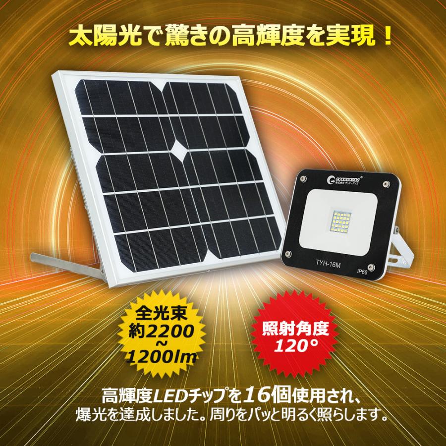 グッドグッズ　LED投光器　20W　太陽光発電　防災グッズ　駐車場　明るい　ソーラーライト　常夜灯　車庫　防犯灯　看板照明　屋外　停電対策　庭園灯　TYH-16M-N