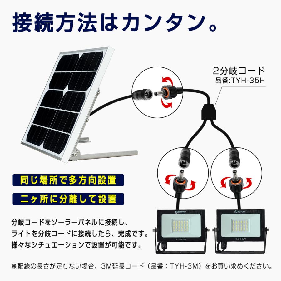 セール LED投光器 20W 2灯付 ソーラーライト 明るい 屋外 太陽光発電 看板照明 駐車場 車庫 常夜灯 庭園灯 防災グッズ 停電対策  防犯灯 TYH-20WE｜goodgoods-1｜04