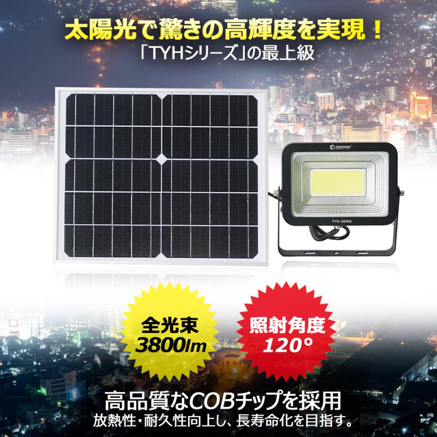 十個セット　ソーラーLED投光器　50W　ソーラーライト　屋外ライト　防水　省エネ　太陽光発電　自動点灯　ガーデンライト　駐車場灯　ガレージ照明　庭園灯　停電　TYH-50WK