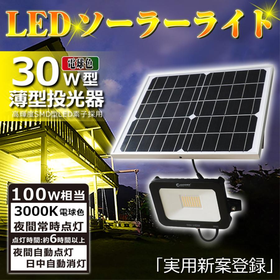 グッドグッズ　LED投光器　30W　分離式　車庫の常夜灯　防災グッズ　TYH-34DW　ソーラー投光器　ソーラーライト　電球色　ガーデン　防水　停電対策　庭園灯　屋外