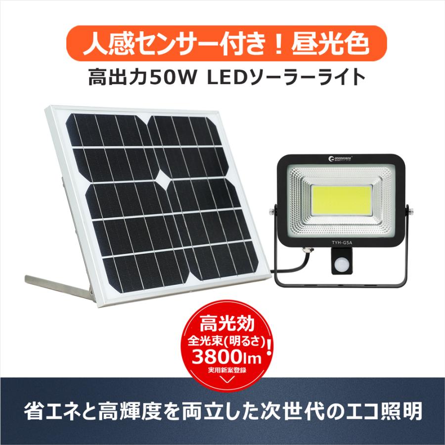 グッドグッズ　人感センサーライト　屋外　スイッチ　ソーラー発電　電池式　TYH-G5A　人感センサー　駐車場　照明　50W　工事不要　一年保証　LED投光器　防犯