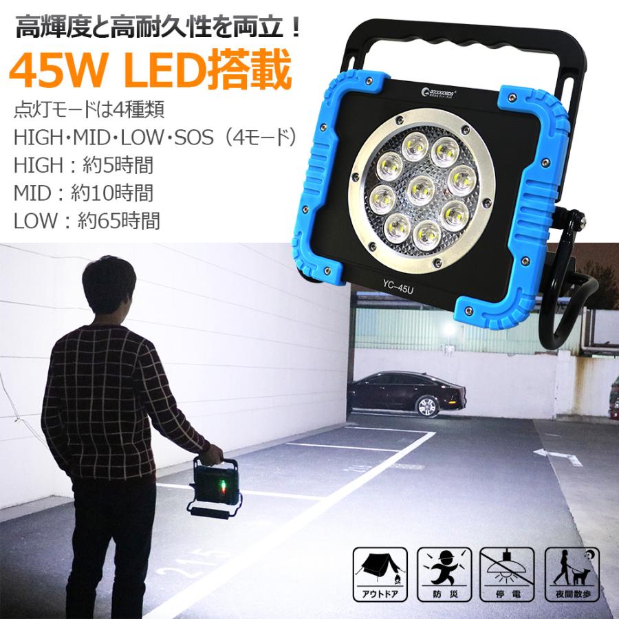 セール 45W 充電式 LEDワークライト 投光器 防水 作業灯 強力 高輝度 バッテリーライト スタンド 夜釣り 最強 釣り スポットライト マグネット 一年保証 YC-45U｜goodgoods-1｜07