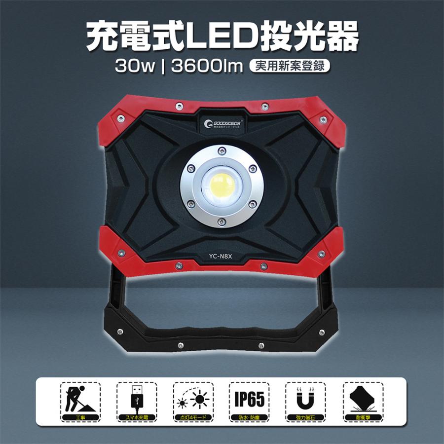 セール GOODGOODS LED作業灯 充電式 ワークライト 30W COB 高輝度 ポータブル投光器 手持ち 集魚灯 マグネット 屋外 夜間工事 倉庫 夜間作業 一年保証 YC-N8X｜goodgoods-1