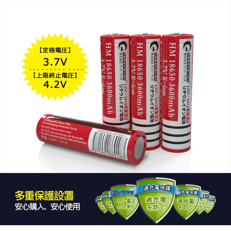 18650充電池 四本セット リチウムイオン バッテリー 18650電池 懐中電灯 ヘッドライト 充電式 過充電保護 LDC-361A-P4|goodgoods-2|03