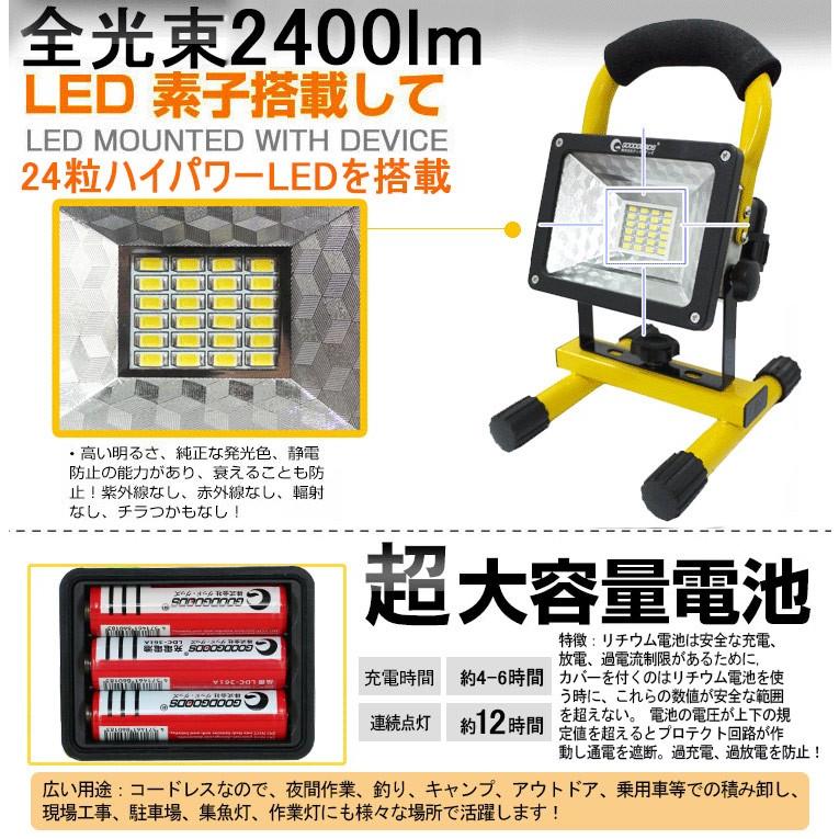 GOODGOODS LED投光器 6000k 昼光色 充電式 24W 作業灯 夜間 電池交換式 ポータブル投光器 屋外 防滴 アウトドア 夜釣り コードレス 120° GH12-2｜goodgoods-2｜02