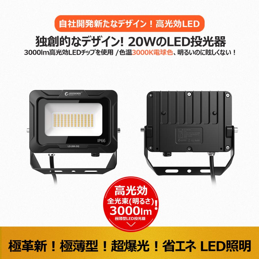 GOODGOODS LED投光器 20W 3000lm 電球色 防水 耐熱 アース線 GOODGOODS LED投光器 20W 3000lm 電球色 防水 耐熱 アース線