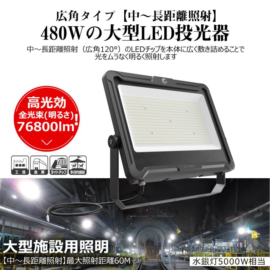 GOODGOODS LED投光器 480W 防水 屋外 明るい 76800LM 大型施設 舞台照明 集魚灯 看板 夜間作業 LD-580T｜goodgoods-2｜03