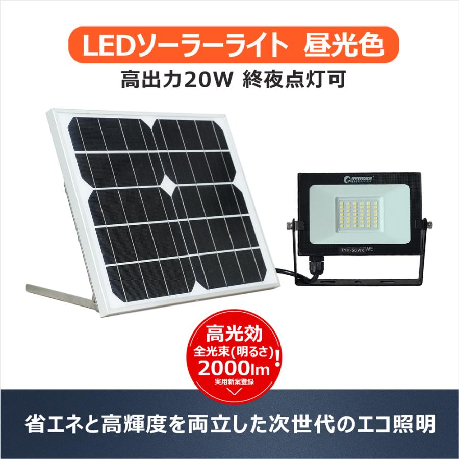 ソーラーライト 屋外 明るい 分離型 LED投光器 20W ソーラーパネル おしゃれ 屋外照明 防水 常夜灯 ガーデンライト 防犯ライト TYH-20WE