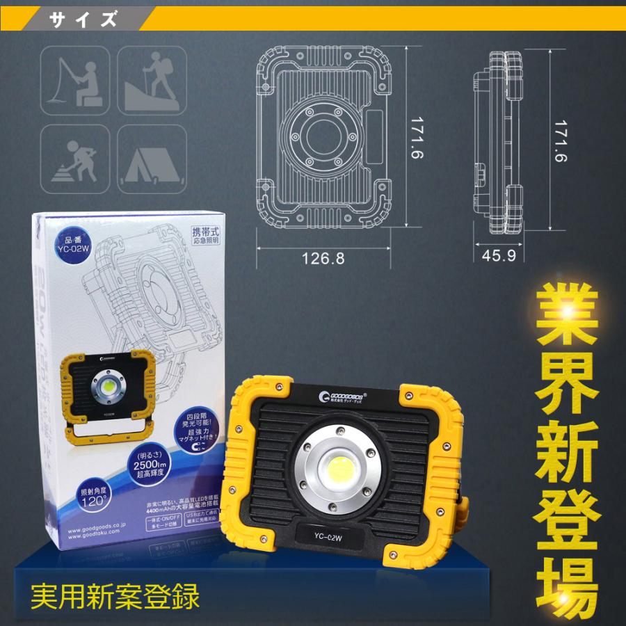 20Ｗ 充電式 LED投光器 2500lm 明るい 釣り 強力 アウトドア 高輝度 IP65 防水 防災 作業灯 ポータブル 磁石 屋外 集魚灯 キャンプ 台風 停電 YC-02W｜goodgoods-2｜11