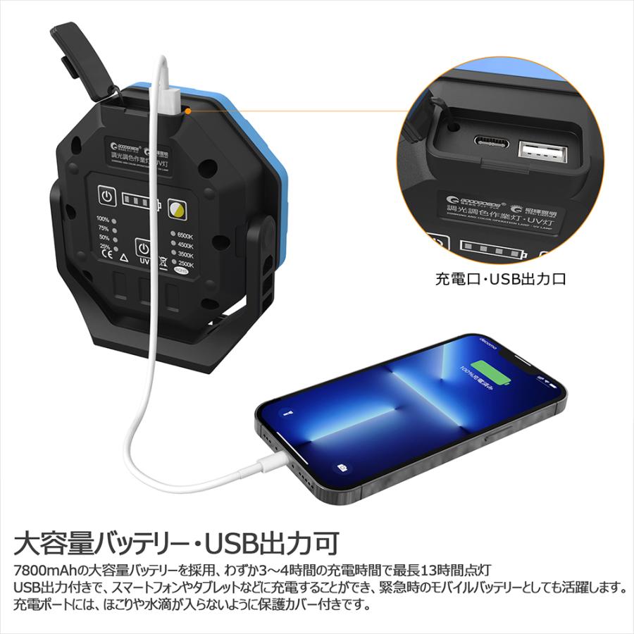 GOODGOODS 新発売 LED投光器 充電式 30W 3000LM 調光調色 UVライト USB マグネット付 作業灯 防水 点検 メンテナンス YC-T30S｜goodgoods-2｜16