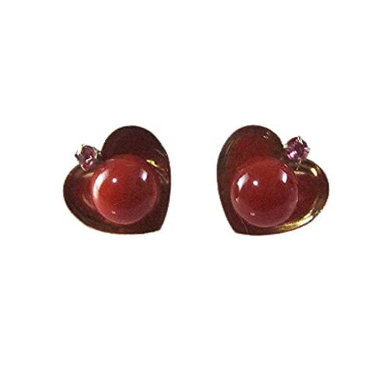UNISEX S/M 血赤珊瑚 ハート ピアス ぷちルビー付 ハート18金イエロー