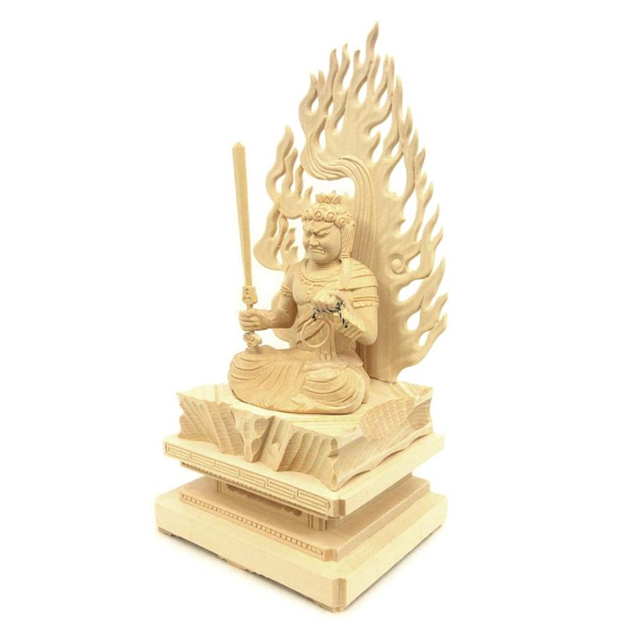 【明王】 【文化勲章】 不動明王座像3.0寸（総高28cm、幅15cm、奥行き11cm）桧木製高級木彫り 火炎光背四