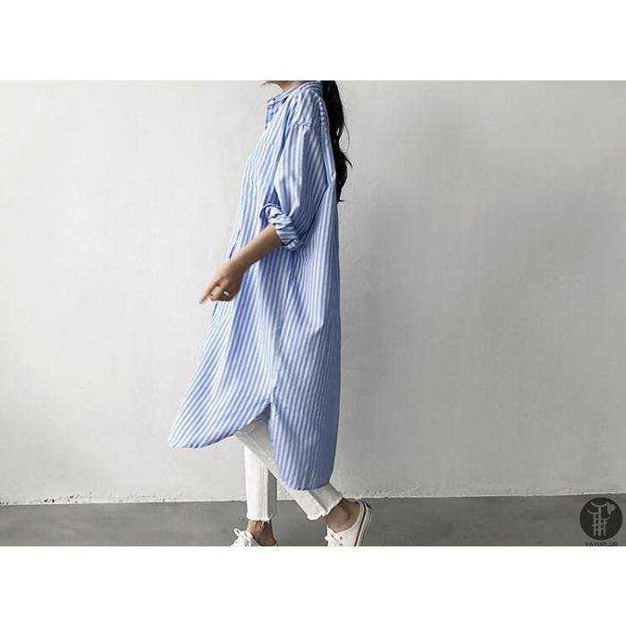 シャツワンピース ロングシャツ ワンピース ミディアム丈 長袖 シャツ レディース スリット入り チュニック ストライプ シャツワンピ |  | 13