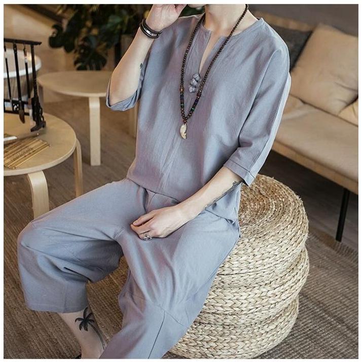 綿麻上下セット セットアップ  短納期 リネン 夏 半袖 薄手 サルエルパンツ メンズ ワイド ルームウェア 部屋着 父の日 プレゼント代引不可 |  | 15
