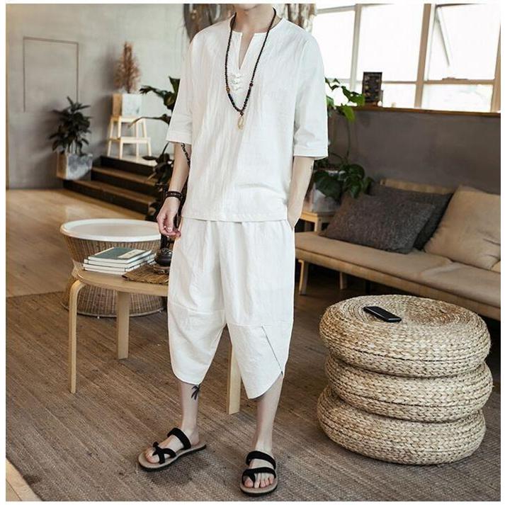 綿麻上下セット セットアップ  短納期 リネン 夏 半袖 薄手 サルエルパンツ メンズ ワイド ルームウェア 部屋着 父の日 プレゼント代引不可 |  | 08